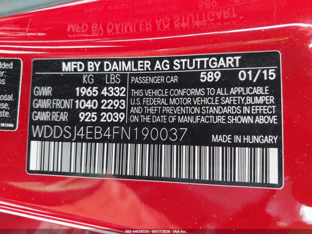 44838324 :رقم المزاد ، WDDSJ4EB4FN190037 vin ، 2015 Mercedes-benz Cla 250 مزاد بيع