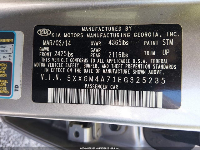44838339 :رقم المزاد ، 5XXGM4A71EG325235 vin ، 2014 Kia Optima Lx مزاد بيع