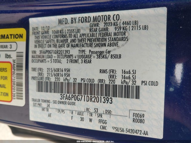 44838343 :رقم المزاد ، 3FA6P0G71DR201393 vin ، 2013 Ford Fusion S مزاد بيع