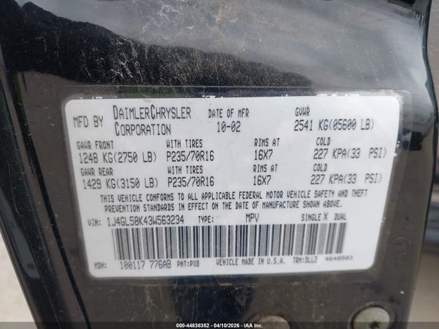 Aukcja sprzedaży 2003 Jeep Liberty Limited Edition, vin: 1J4GL58K43W563234, numer aukcji: 44838352