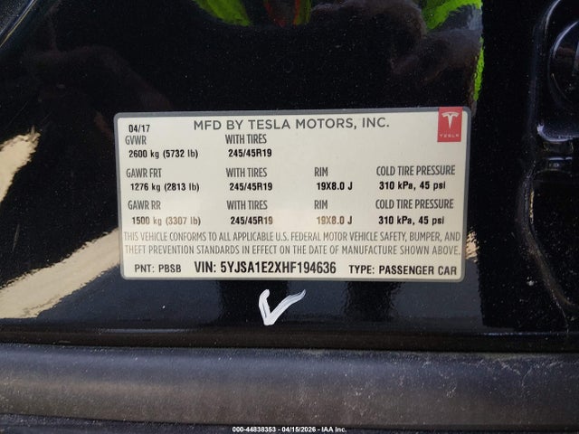 Продаж на аукціоні авто 2017 Tesla Model S 100d/60d/75d/90d/p100d, vin: 5YJSA1E2XHF194636, номер лоту: 44838353