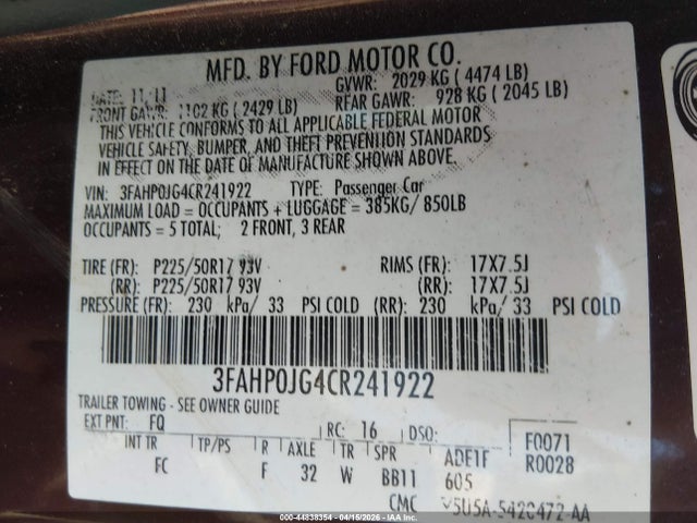 Продаж на аукціоні авто 2012 Ford Fusion Sel, vin: 3FAHP0JG4CR241922, номер лоту: 44838354