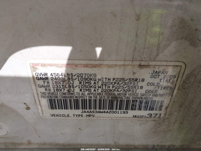 2010 Mitsubishi Outlander Se მანქანა იყიდება აუქციონზე, vin: JA4AS3AW4AZ001193, აუქციონის ნომერი: 44838367