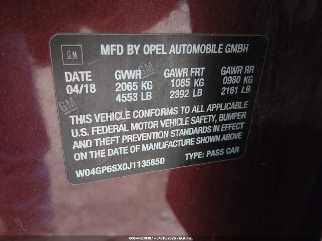 2018 Buick Regal Sportback Essence მანქანა იყიდება აუქციონზე, vin: W04GP6SX0J1135850, აუქციონის ნომერი: 44838387