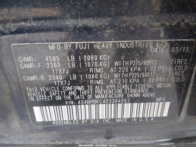 44838388 :رقم المزاد ، 4S4BRBKC4D3304062 vin ، 2013 Subaru Outback 2.5i Limited مزاد بيع