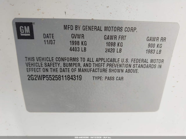 Продажа на аукционе авто 2008 Pontiac Grand Prix, vin: 2G2WP552581184319, номер лота: 44838395