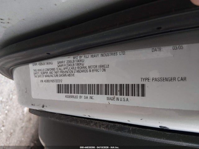 2005 Subaru Legacy 2.5i მანქანა იყიდება აუქციონზე, vin: 4S3BL616257227212, აუქციონის ნომერი: 44838398