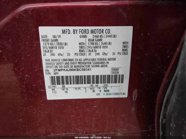 Продажа на аукционе авто 2019 Ford Edge Sel, vin: 2FMPK4J90KBC59341, номер лота: 44838406