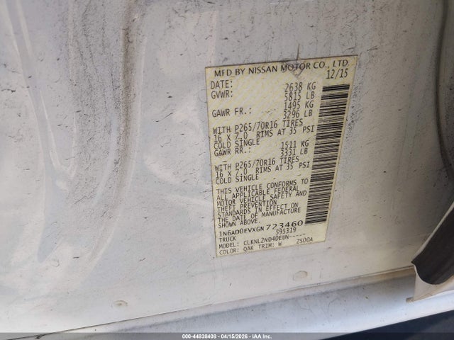 44838408 :رقم المزاد ، 1N6AD0EVXGN723460 vin ، 2016 Nissan Frontier Pro-4x/s/sl/sv مزاد بيع