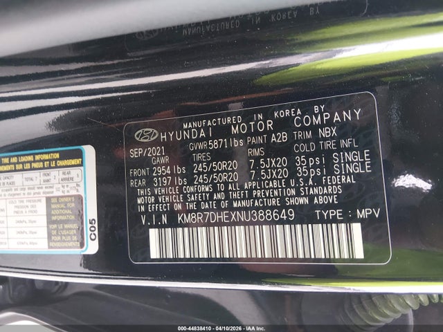 Aukcja sprzedaży 2022 Hyundai Palisade Calligraphy, vin: KM8R7DHEXNU388649, numer aukcji: 44838410