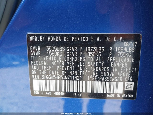 Aukcja sprzedaży 2018 Honda Fit Ex, vin: 3HGGK5H85JM711421, numer aukcji: 44838416