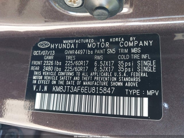 44838415 :رقم المزاد ، KM8JT3AF6EU815847 vin ، 2014 Hyundai Tucson Gls مزاد بيع