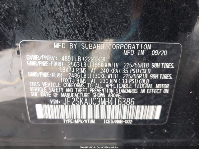 Aukcja sprzedaży 2021 Subaru Forester Limited, vin: JF2SKAUC3MH416386, numer aukcji: 44838424