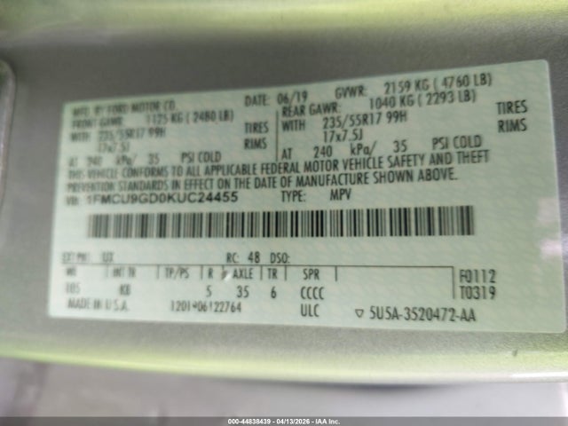 44838439 :رقم المزاد ، 1FMCU9GD0KUC24455 vin ، 2019 Ford Escape Se مزاد بيع