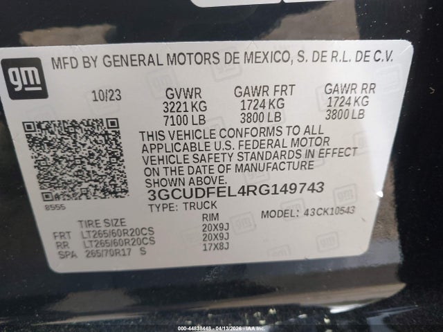 Aukcja sprzedaży 2024 Chevrolet Silverado 1500, vin: 3GCUDFEL4RG149743, numer aukcji: 44838448
