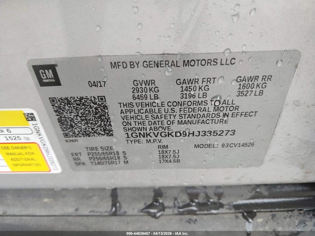Chevrolet Traverse 1lt 2017 1GNKVGKD9HJ335273 Image 9