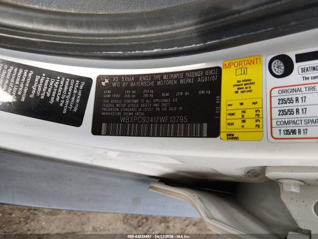 44838461 :رقم المزاد ، WBXPC93417WF13795 vin ، 2007 Bmw X3 3.0si مزاد بيع