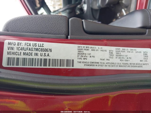 Aukcja sprzedaży 2021 Jeep Grand Cherokee Laredo X 4x4, vin: 1C4RJFAG7MC650676, numer aukcji: 44838465