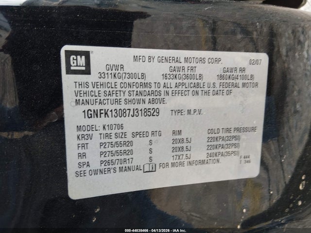 Aukcja sprzedaży 2007 Chevrolet Tahoe Ltz, vin: 1GNFK13087J318529, numer aukcji: 44838466