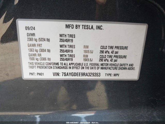 44838467 :رقم المزاد ، 7SAYGDEE9RA329353 vin ، 2024 Tesla Model Y Long Range Dual Motor All-wheel Drive مزاد بيع