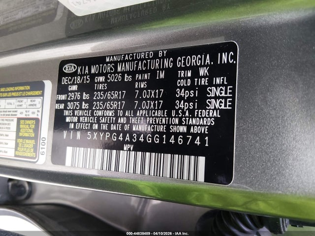 44838489 :رقم المزاد ، 5XYPG4A34GG146741 vin ، 2016 Kia Sorento 2.4l Lx مزاد بيع