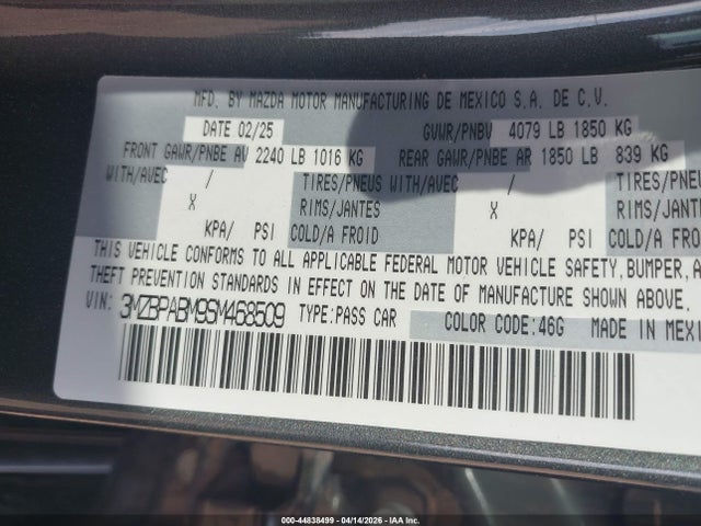 Продажа на аукционе авто 2025 Mazda Mazda3 2.5 S Select Sport, vin: 3MZBPABM9SM468509, номер лота: 44838499