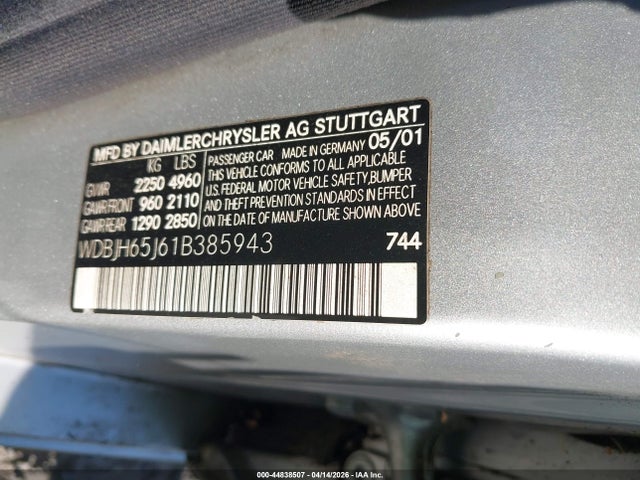 Aukcja sprzedaży 2001 Mercedes-benz E 320, vin: WDBJH65J61B385943, numer aukcji: 44838507