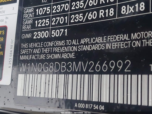 Aukcja sprzedaży 2021 Mercedes-benz Glc 300 Suv, vin: W1N0G8DB3MV266992, numer aukcji: 44838511