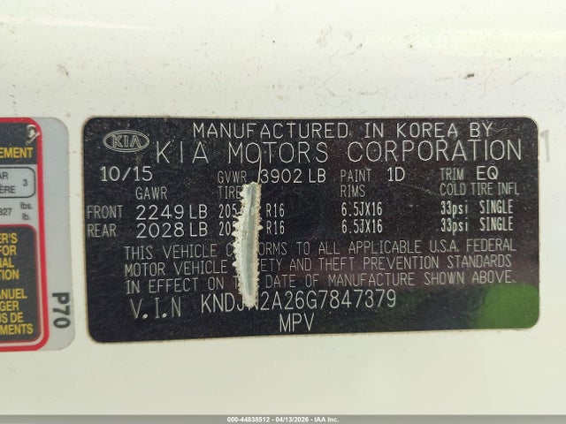 44838512 :رقم المزاد ، KNDJN2A26G7847379 vin ، 2016 Kia Soul مزاد بيع