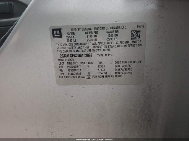 Aukcja sprzedaży 2013 Gmc Terrain Sle-2, vin: 2GKALSEK2D6103097, numer aukcji: 44838529