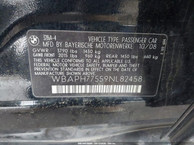 44838565 :رقم المزاد ، WBAPH77559NL82458 vin ، 2009 Bmw 328i مزاد بيع