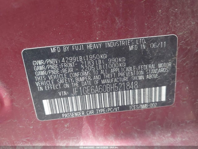 Продаж на аукціоні авто 2011 Subaru Impreza 2.5i, vin: JF1GE6A60BH521848, номер лоту: 44838582