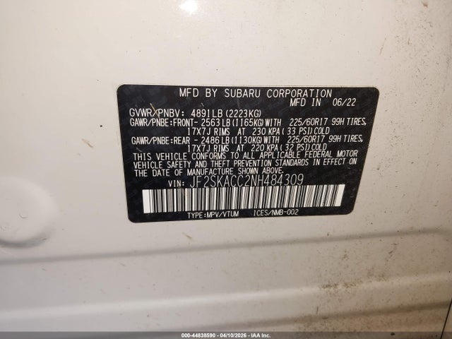 2022 Subaru Forester მანქანა იყიდება აუქციონზე, vin: JF2SKACC2NH484309, აუქციონის ნომერი: 44838590