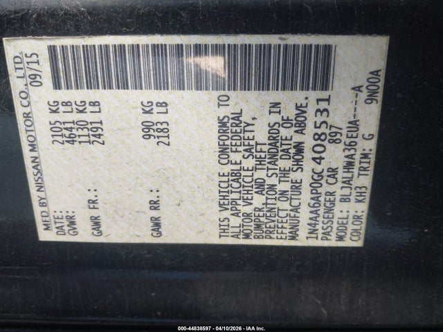 44838597 :رقم المزاد ، 1N4AA6AP0GC408531 vin ، 2016 Nissan Maxima 3.5 Platinum مزاد بيع