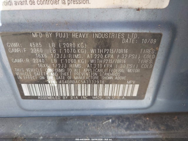 44838609 :رقم المزاد ، 4S4BRBAC5A3332918 vin ، 2010 Subaru Outback 2.5i مزاد بيع