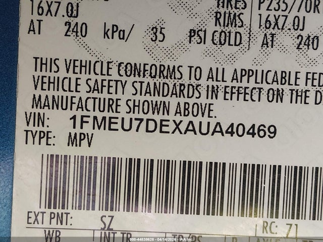 2010 Ford Explorer Xlt მანქანა იყიდება აუქციონზე, vin: 1FMEU7DEXAUA40469, აუქციონის ნომერი: 44838628