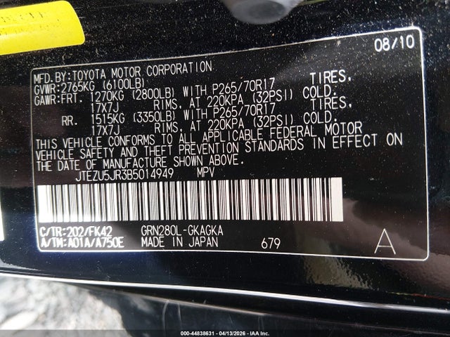 Продажа на аукционе авто 2011 Toyota 4runner Sr5 V6, vin: JTEZU5JR3B5014949, номер лота: 44838631