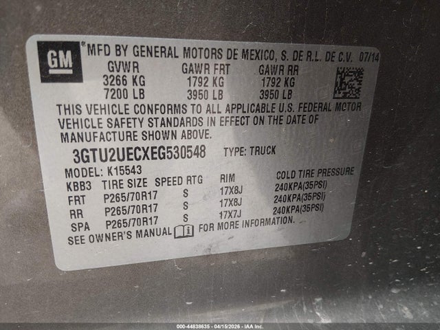 Продаж на аукціоні авто 2014 Gmc Sierra 1500 Sle, vin: 3GTU2UECXEG530548, номер лоту: 44838635