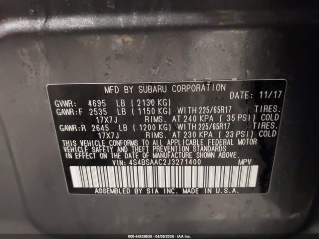 44838638 :رقم المزاد ، 4S4BSAAC2J3271400 vin ، 2018 Subaru Outback 2.5i مزاد بيع