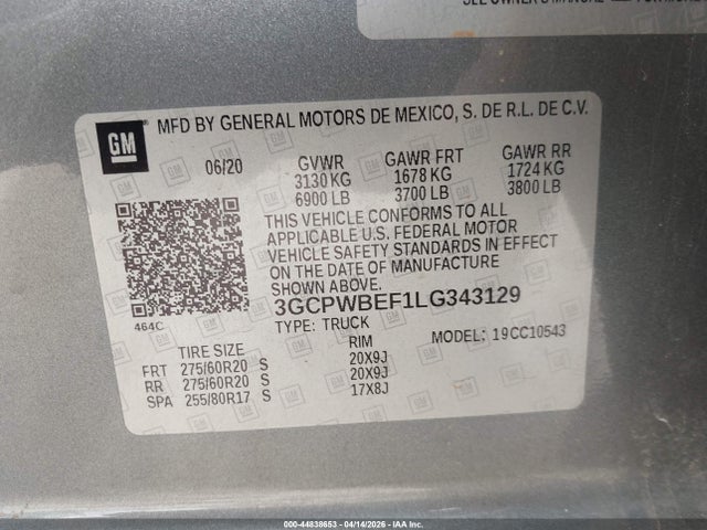 44838653 :رقم المزاد ، 3GCPWBEF1LG343129 vin ، 2020 Chevrolet Silverado 1500 2wd  Short Bed Custom مزاد بيع