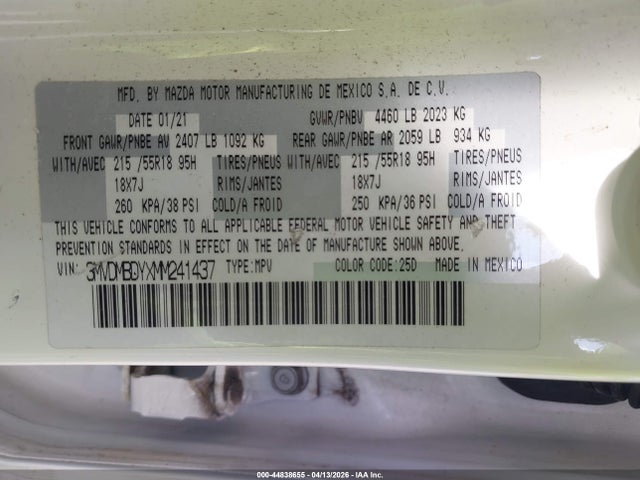 44838655 :رقم المزاد ، 3MVDMBDYXMM241437 vin ، 2021 Mazda Cx-30 2.5 Turbo Premium مزاد بيع