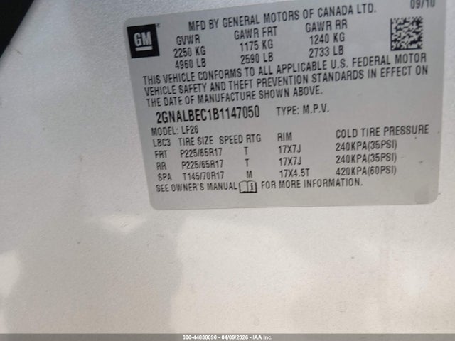 44838690 :رقم المزاد ، 2GNALBEC1B1147050 vin ، 2011 Chevrolet Equinox Ls مزاد بيع