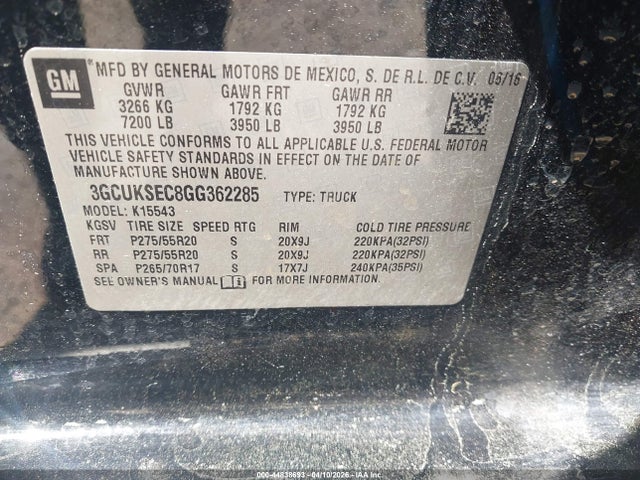 Продаж на аукціоні авто 2016 Chevrolet Silverado 1500 2lz, vin: 3GCUKSEC8GG362285, номер лоту: 44838693