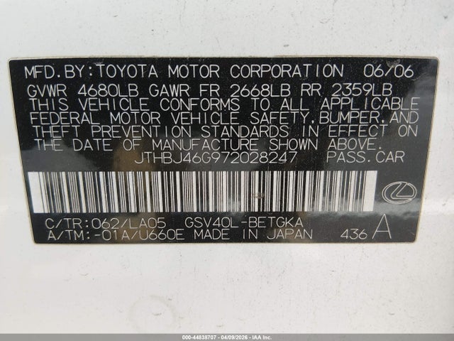 Aukcja sprzedaży 2007 Lexus Es 350, vin: JTHBJ46G972028247, numer aukcji: 44838707