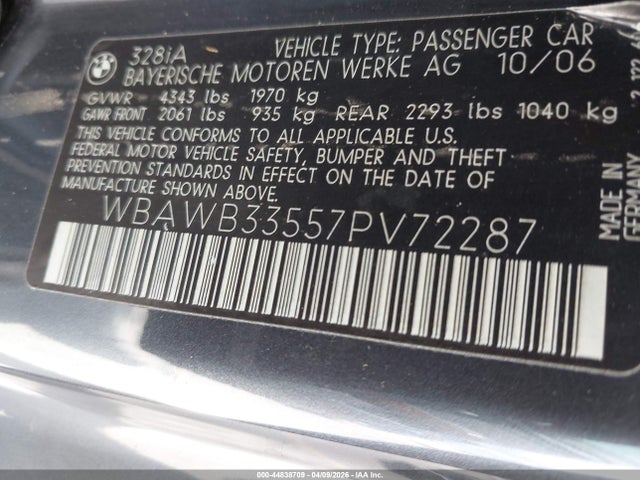 Продаж на аукціоні авто 2007 Bmw 328i, vin: WBAWB33557PV72287, номер лоту: 44838709