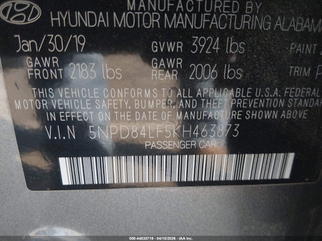 44838719 :رقم المزاد ، 5NPD84LF5KH463873 vin ، 2019 Hyundai Elantra Value Edition مزاد بيع