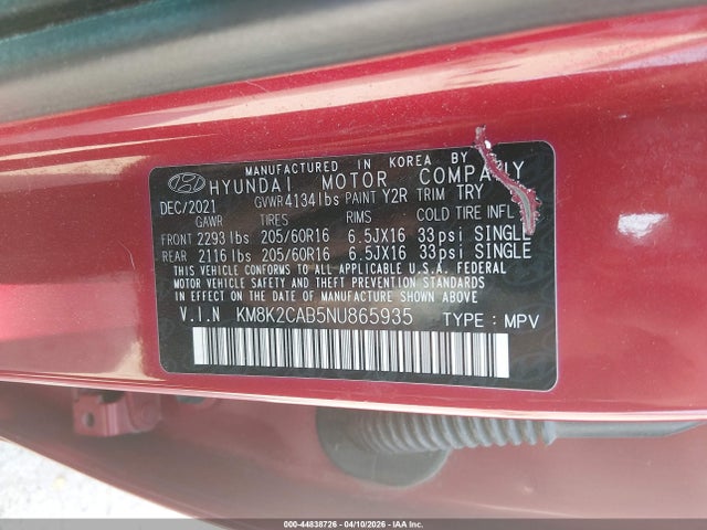 2022 Hyundai Kona Se მანქანა იყიდება აუქციონზე, vin: KM8K2CAB5NU865935, აუქციონის ნომერი: 44838726