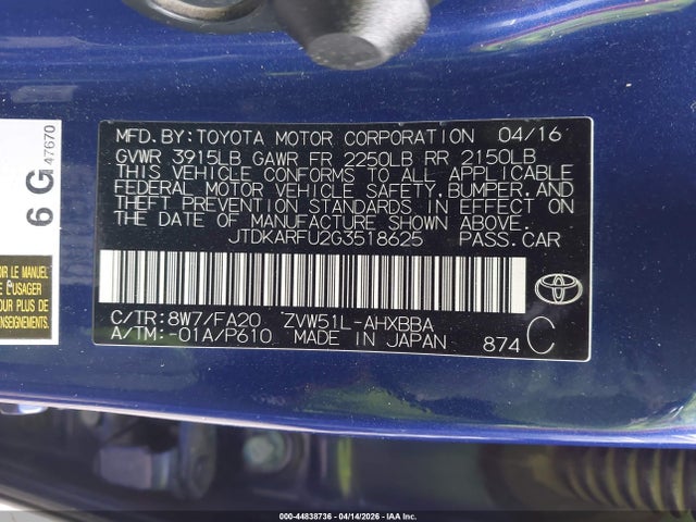 Toyota Prius Two Eco 2016 JTDKARFU2G3518625 Image 9