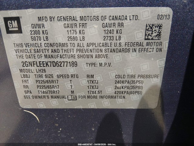 44838747 :رقم المزاد ، 2GNFLEEK7D6277189 vin ، 2013 Chevrolet Equinox 1lt مزاد بيع