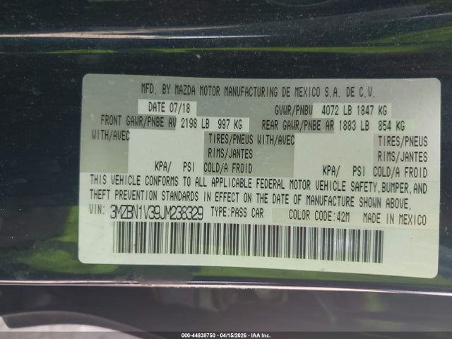 2018 Mazda Mazda3 Touring მანქანა იყიდება აუქციონზე, vin: 3MZBN1V39JM238329, აუქციონის ნომერი: 44838750